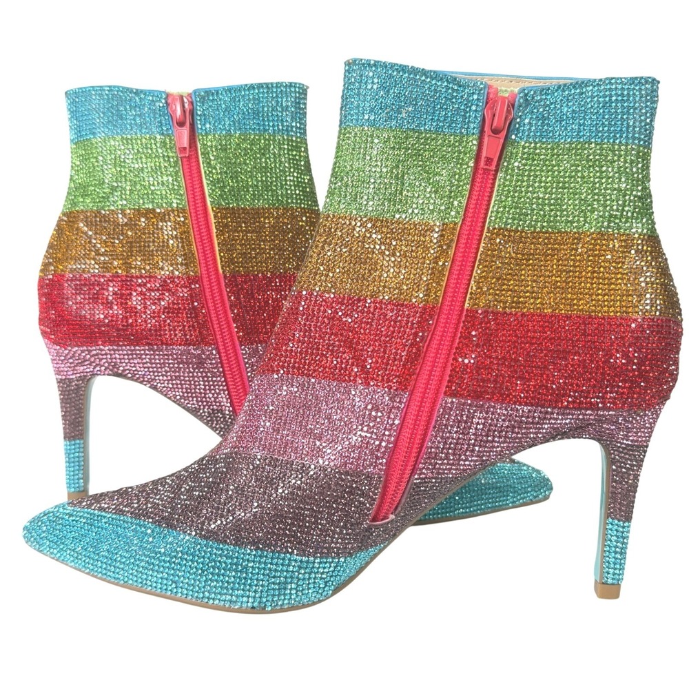 Betsey Johnson EMMY Rhinestone Ankle Boots Rainbow 8M Colorful Sparkle Stiletto - Picture 5 of 11